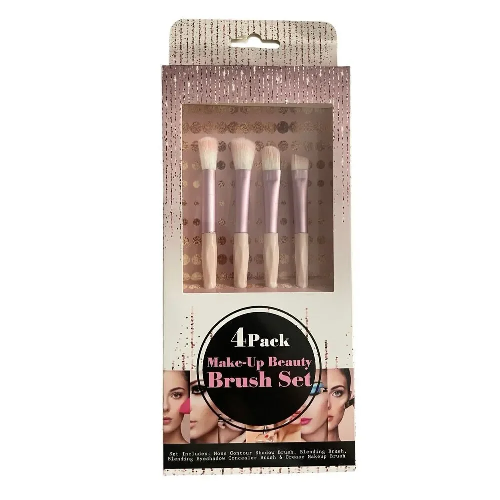 4Pc Makeup Brush Set Contour Blending Eyeshadow Crease Pink Blue Black